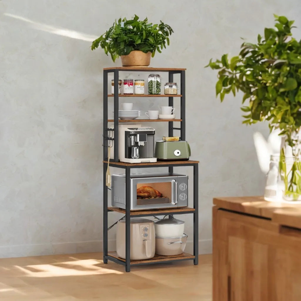 A82 Coffee Bar, 6-Layer Kitchen Shelf with 6 Hooks, Kitchen Bread Rack, Microwave Rack