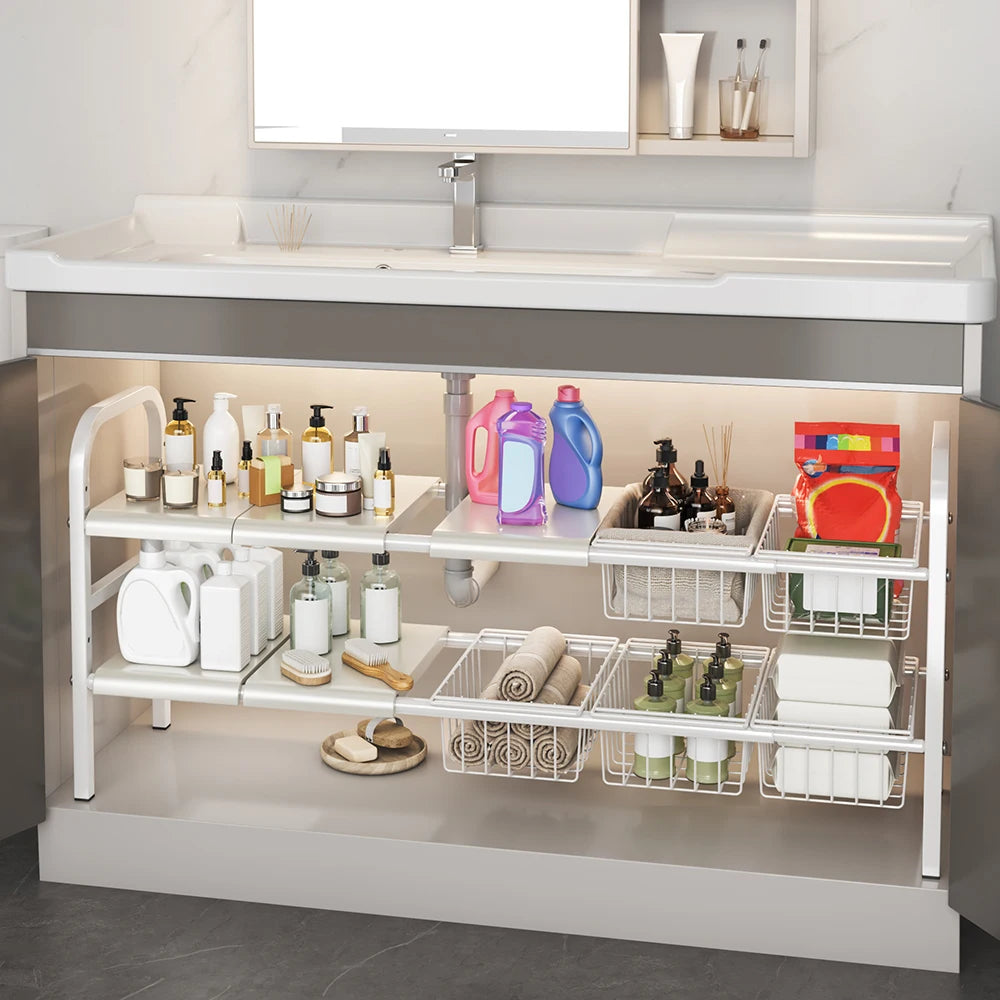 K30 Multi-purpose Kitchen Bathroom Under Sink Storage Rack with Removable Basket