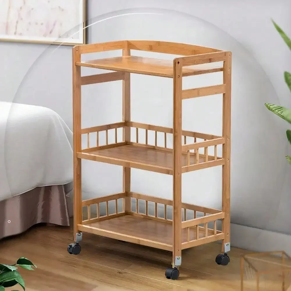 C125 Wooden Salon Trolley Bamboo Three-Tier Rolling Home Bar Mobile Kitchen Serving Cart