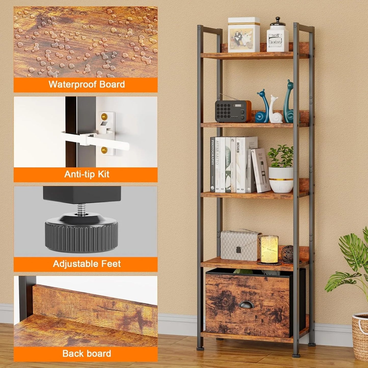 A88 drawer bookcase, tall narrow bookcase with shelves, wooden and metal bookcase, storage organizer
