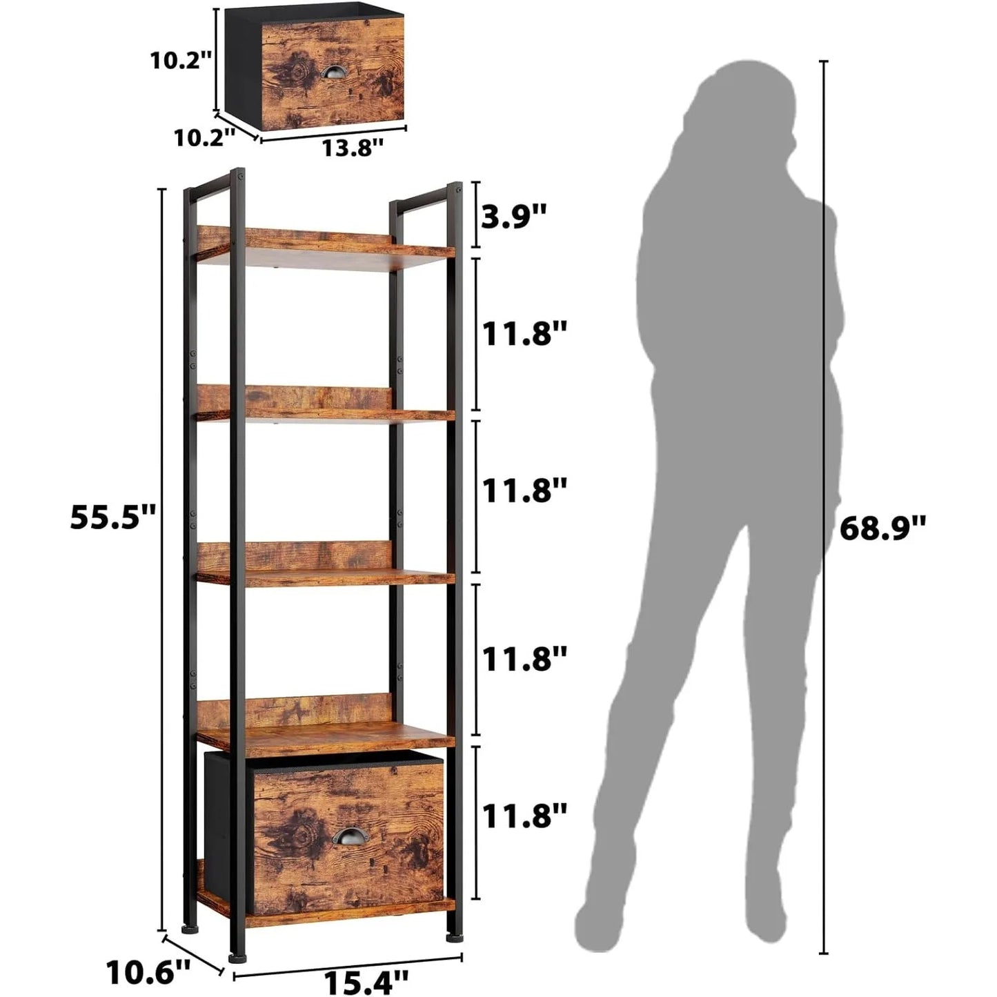 A88 drawer bookcase, tall narrow bookcase with shelves, wooden and metal bookcase, storage organizer