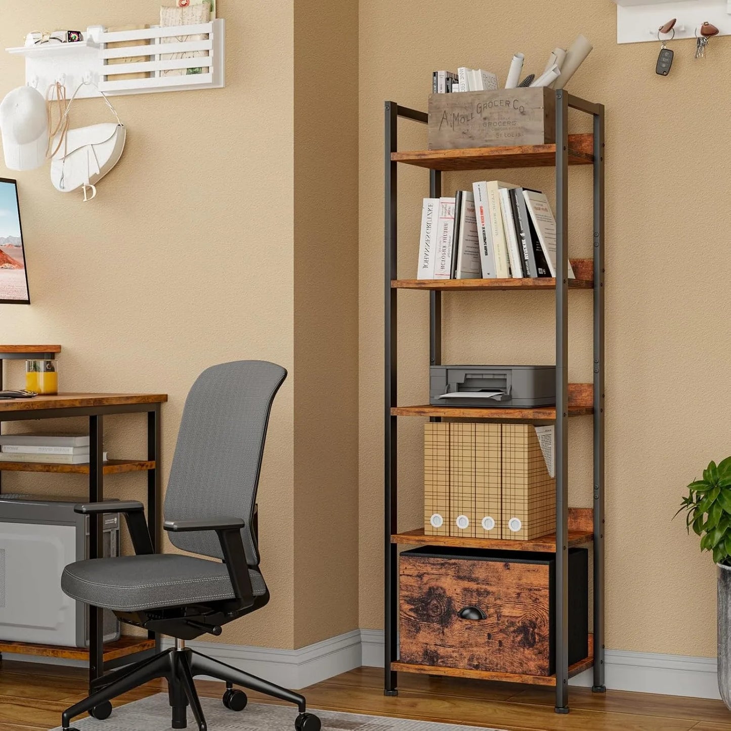 A88 drawer bookcase, tall narrow bookcase with shelves, wooden and metal bookcase, storage organizer