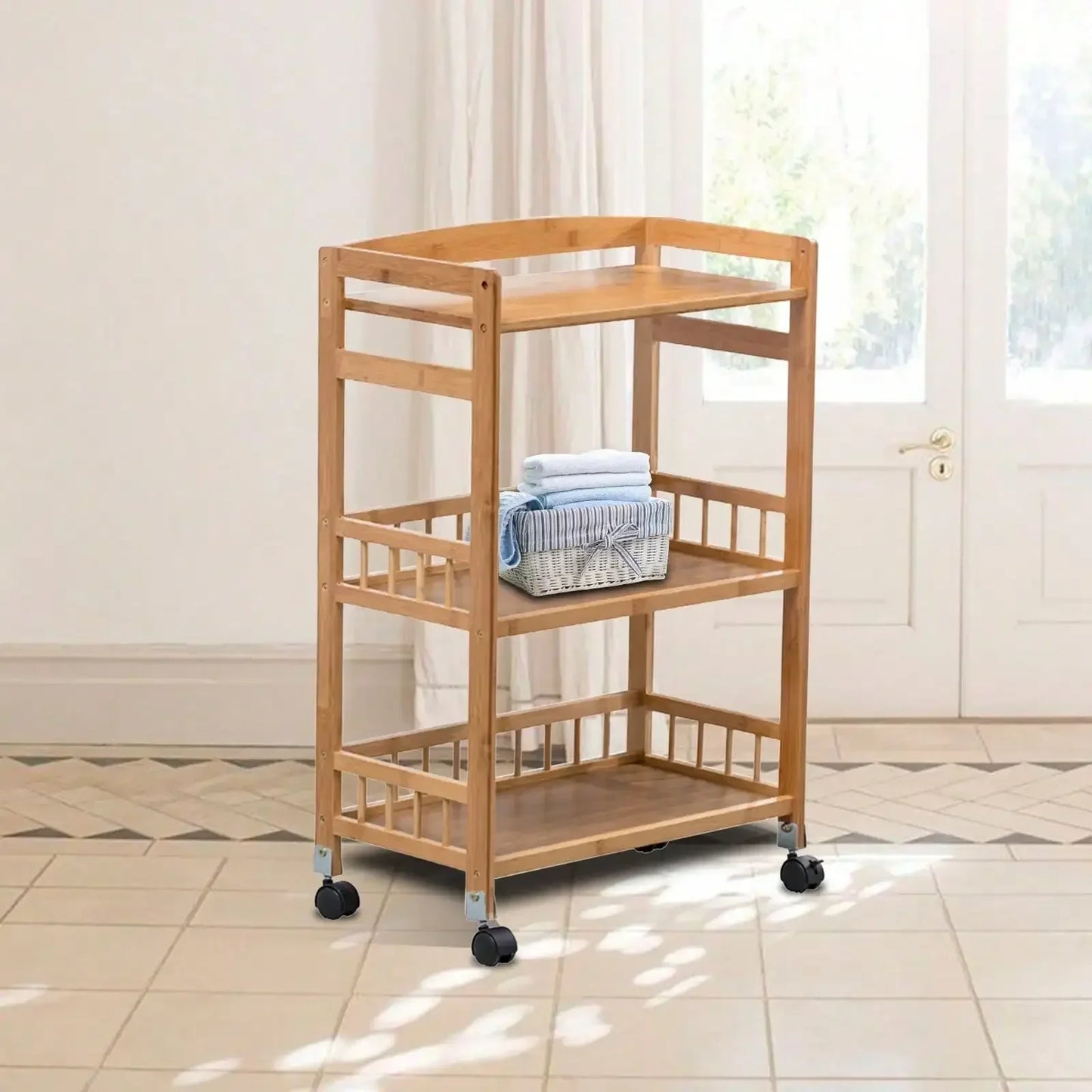 C125 Wooden Salon Trolley Bamboo Three-Tier Rolling Home Bar Mobile Kitchen Serving Cart