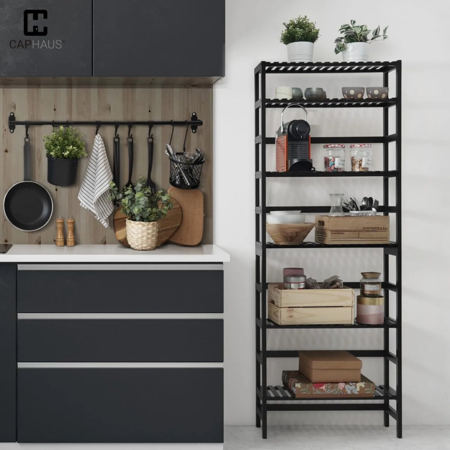 A80 bamboo open storage bookcase with adjustable shelves and freestanding plant display rack