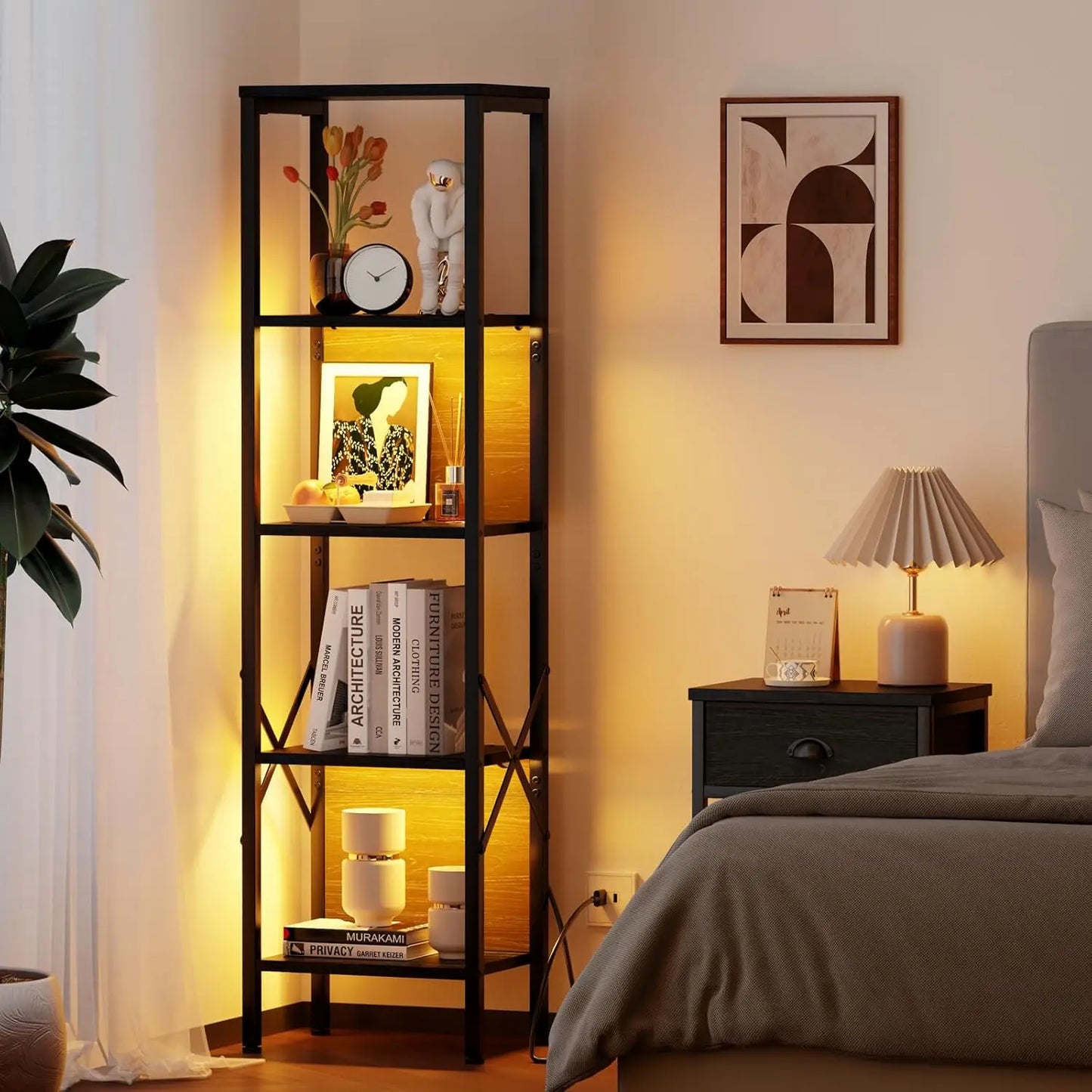 A75 Five-layer bookshelf with LED light, tall display shelf with backrest