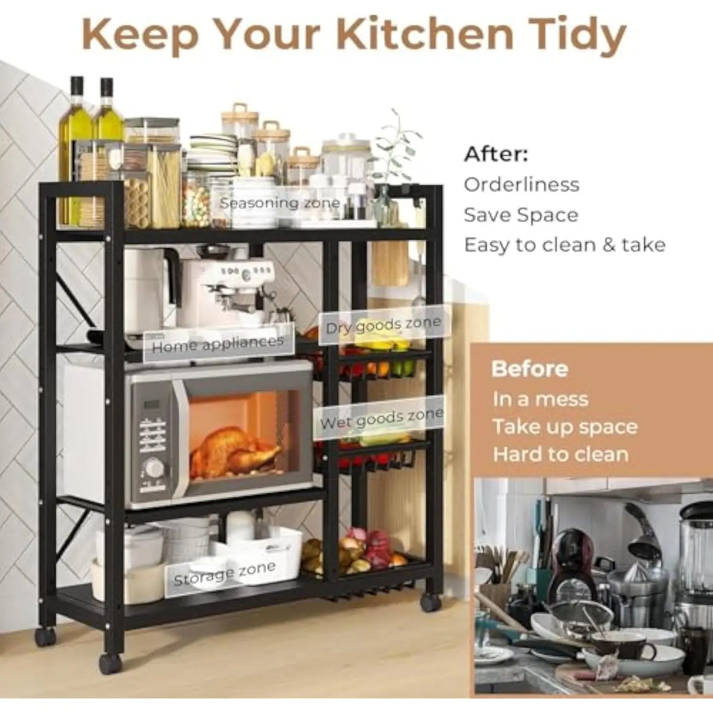 A90 Adjustable 4-Tier Kitchen Shelf with 3 Metal Baskets, Kitchen Organizer and Storage Rack,