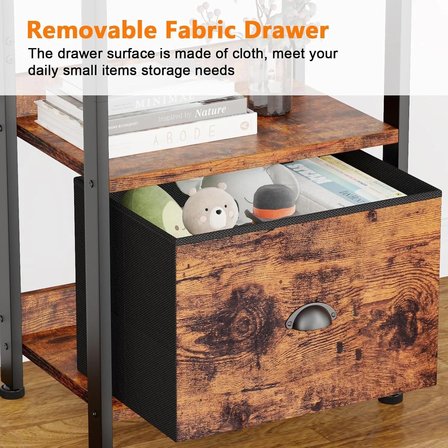 A88 drawer bookcase, tall narrow bookcase with shelves, wooden and metal bookcase, storage organizer