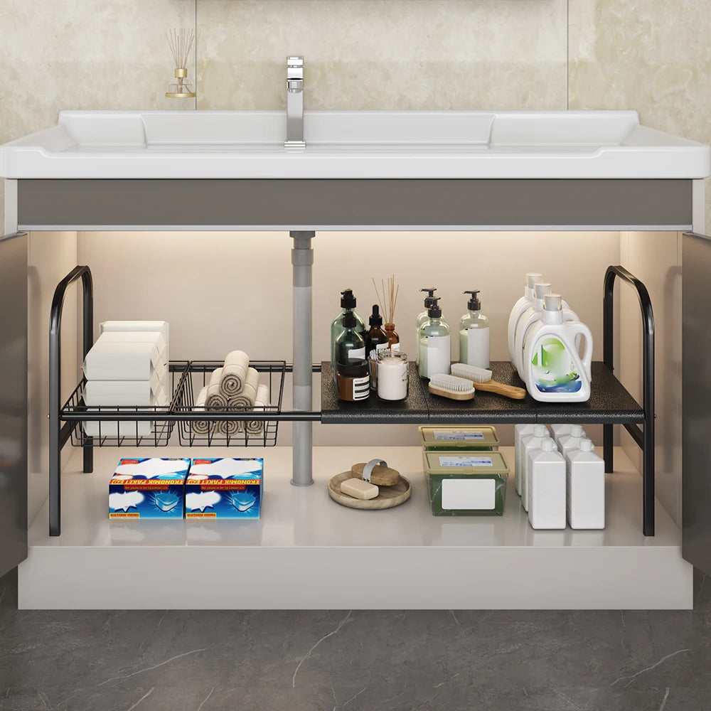 K30 Multi-purpose Kitchen Bathroom Under Sink Storage Rack with Removable Basket