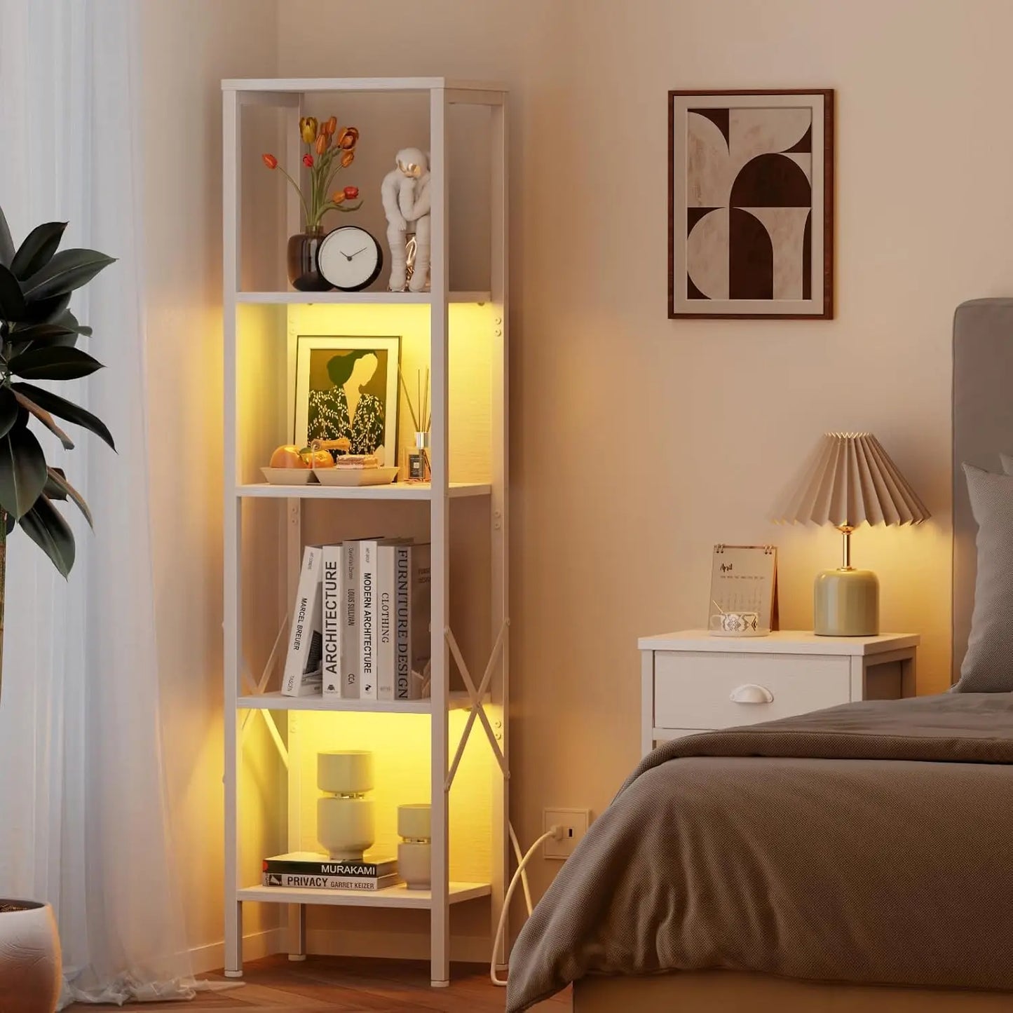 A75 Five-layer bookshelf with LED light, tall display shelf with backrest