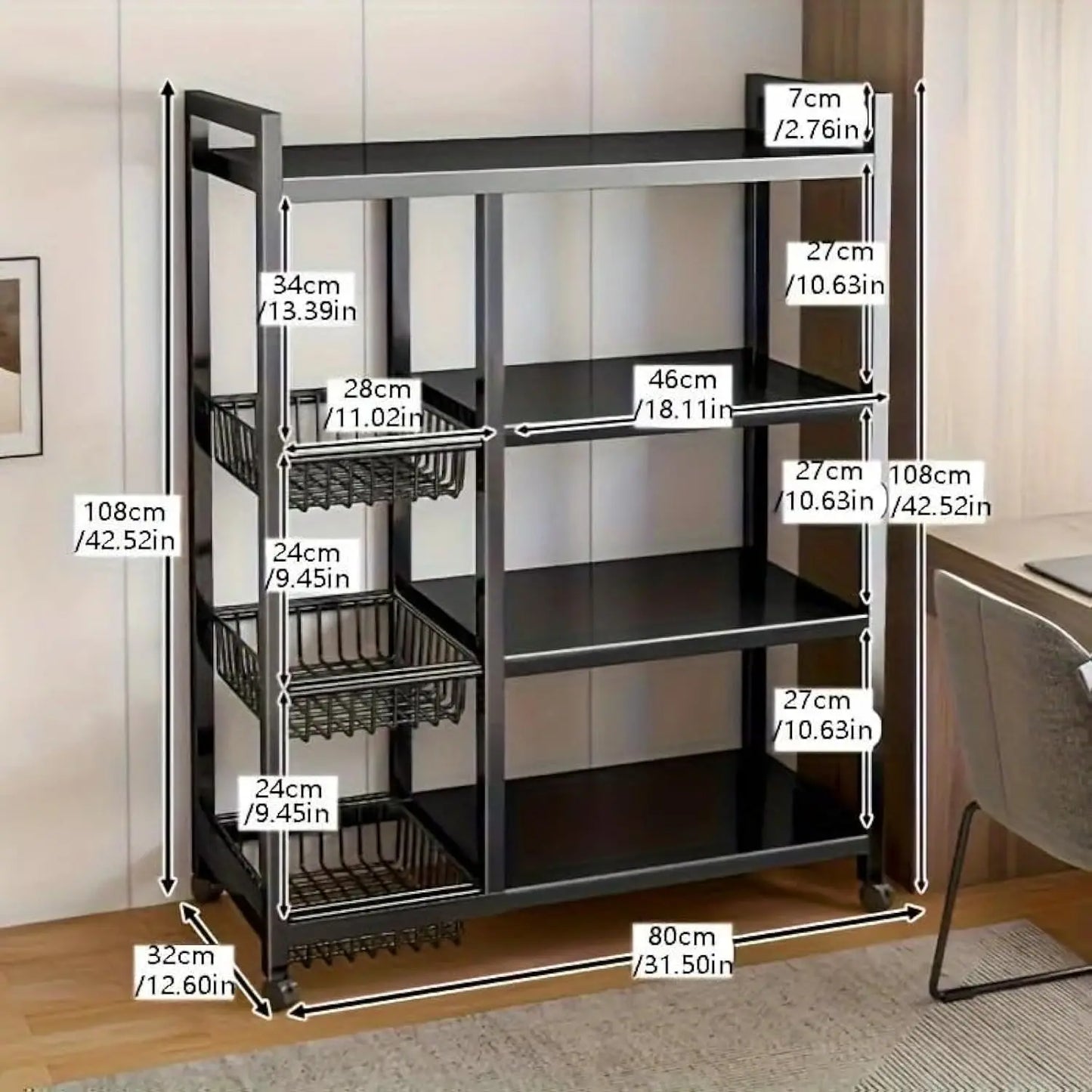 A90 Adjustable 4-Tier Kitchen Shelf with 3 Metal Baskets, Kitchen Organizer and Storage Rack,