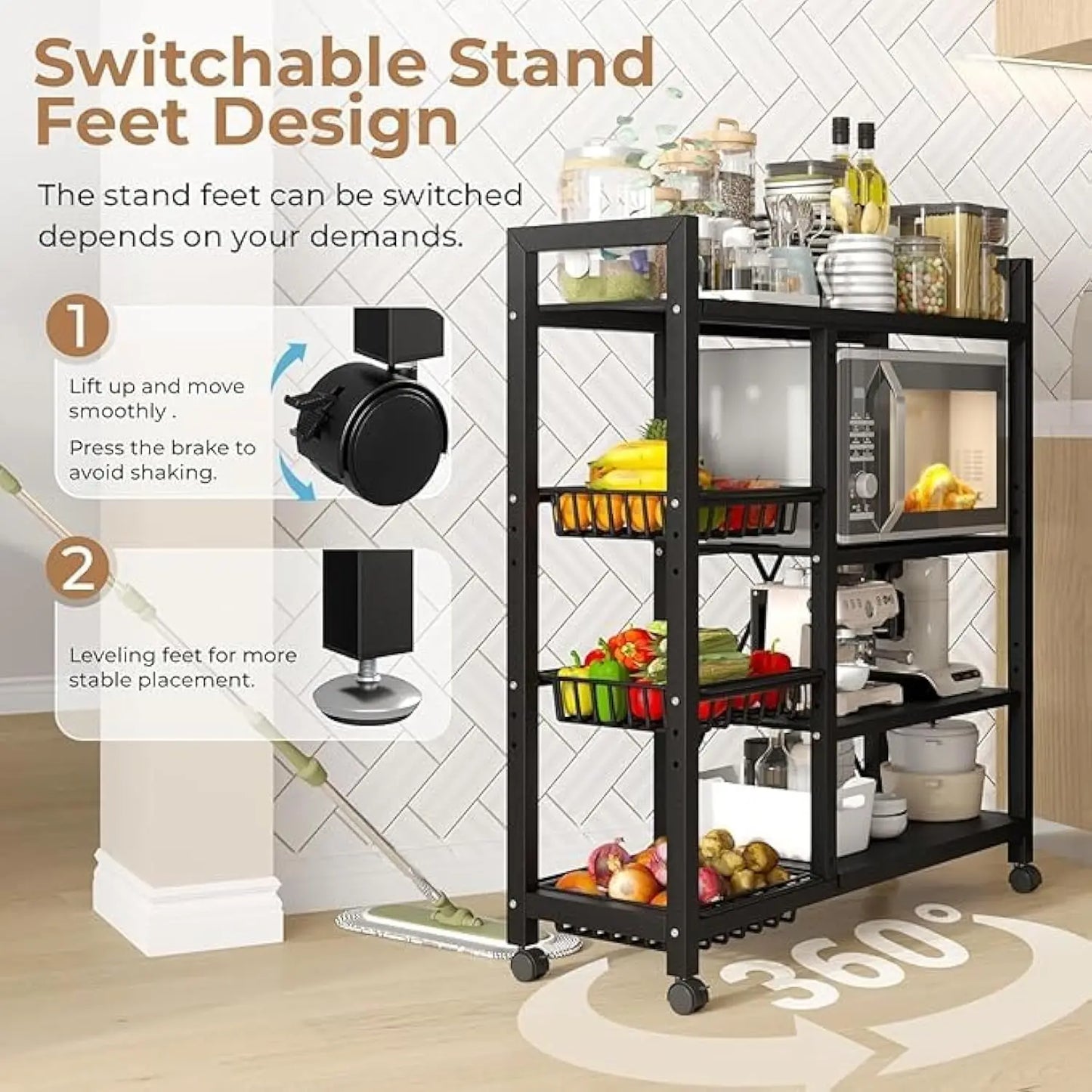 A90 Adjustable 4-Tier Kitchen Shelf with 3 Metal Baskets, Kitchen Organizer and Storage Rack,