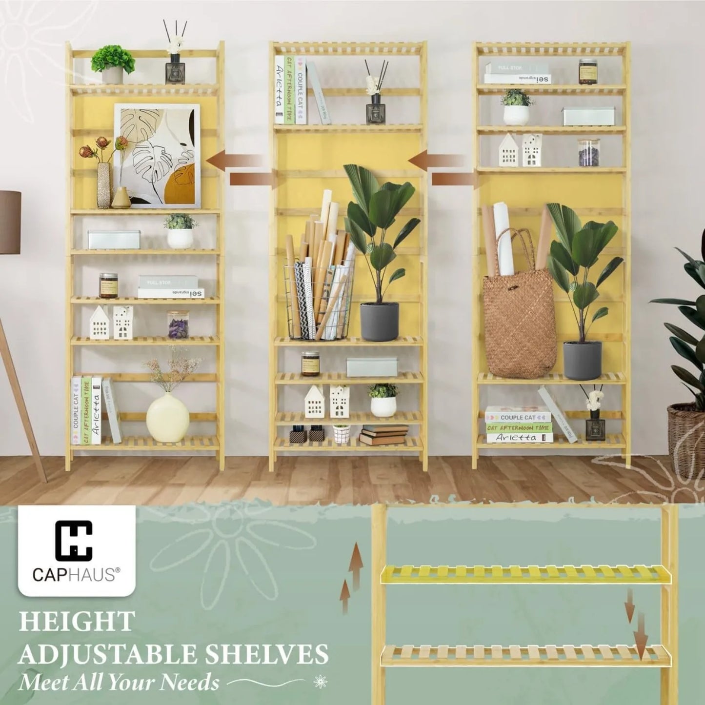 A80 bamboo open storage bookcase with adjustable shelves and freestanding plant display rack
