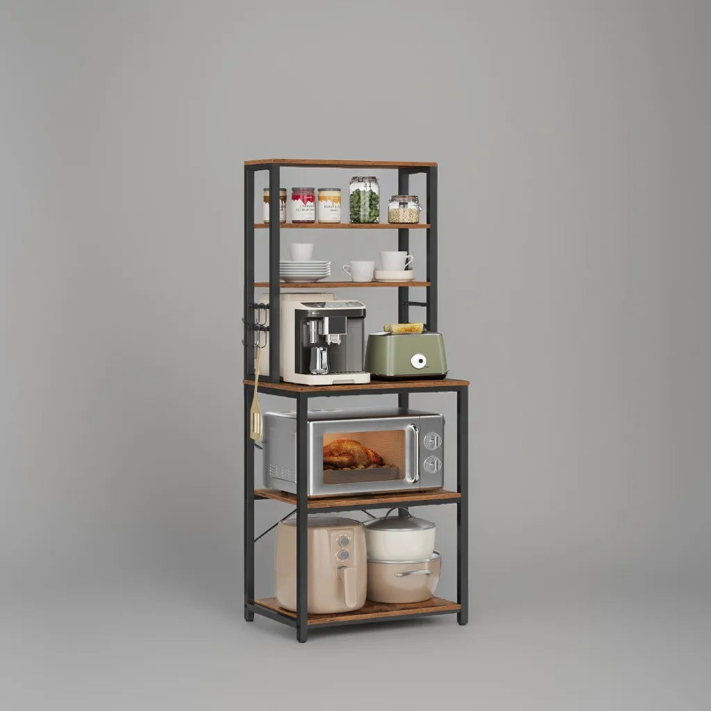 A82 Coffee Bar, 6-Layer Kitchen Shelf with 6 Hooks, Kitchen Bread Rack, Microwave Rack