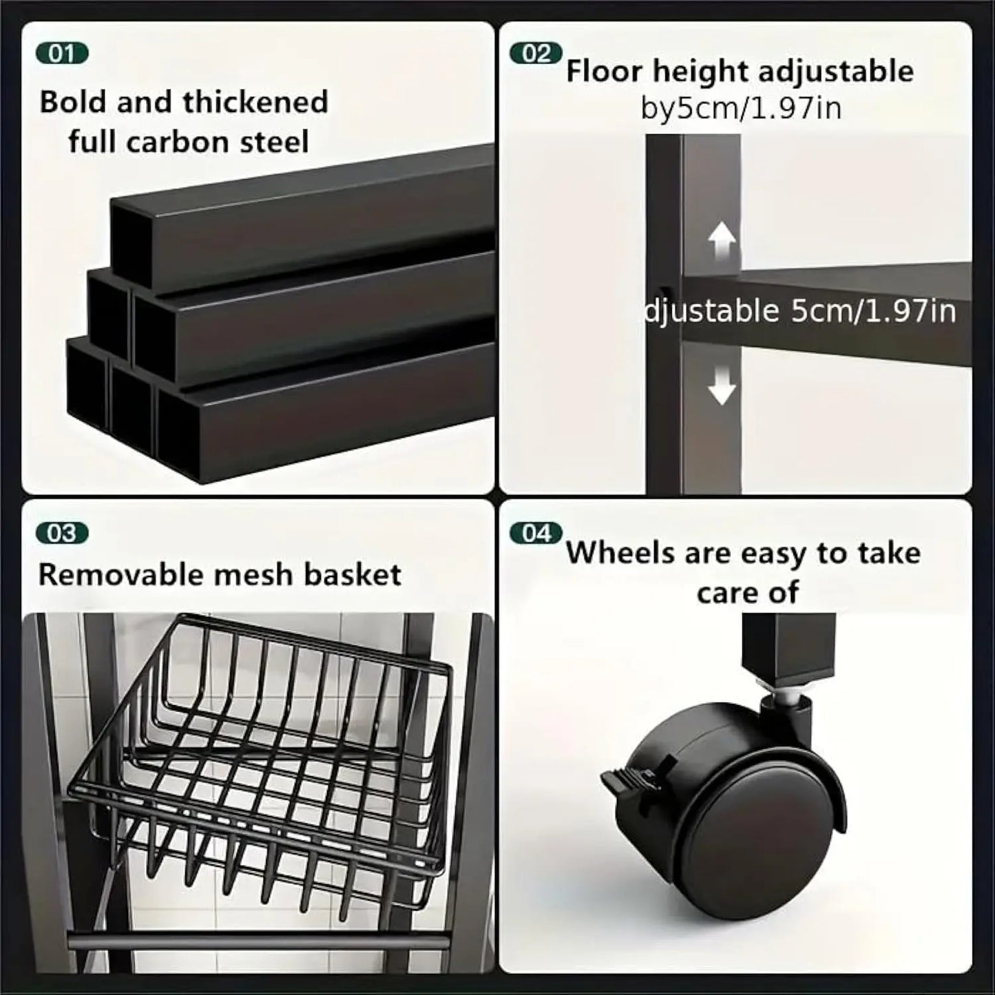 A90 Adjustable 4-Tier Kitchen Shelf with 3 Metal Baskets, Kitchen Organizer and Storage Rack,