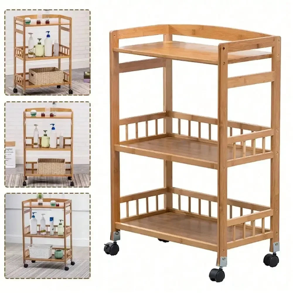 C125 Wooden Salon Trolley Bamboo Three-Tier Rolling Home Bar Mobile Kitchen Serving Cart