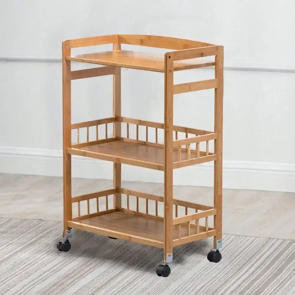 C125 Wooden Salon Trolley Bamboo Three-Tier Rolling Home Bar Mobile Kitchen Serving Cart