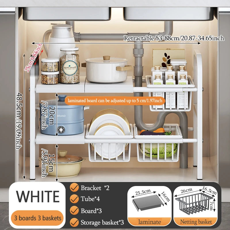 K30 Multi-purpose Kitchen Bathroom Under Sink Storage Rack with Removable Basket