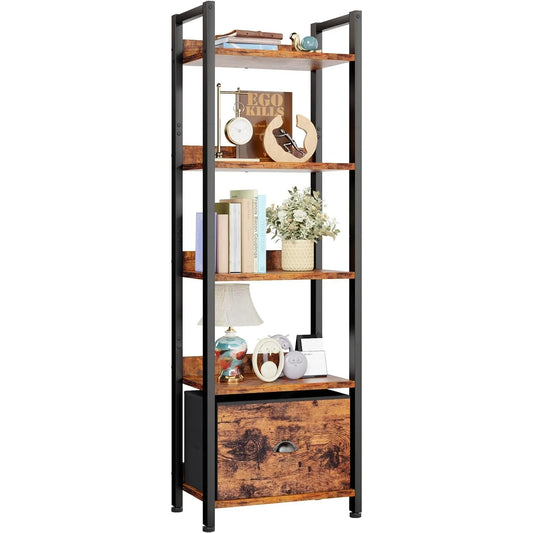A88 drawer bookcase, tall narrow bookcase with shelves, wooden and metal bookcase, storage organizer