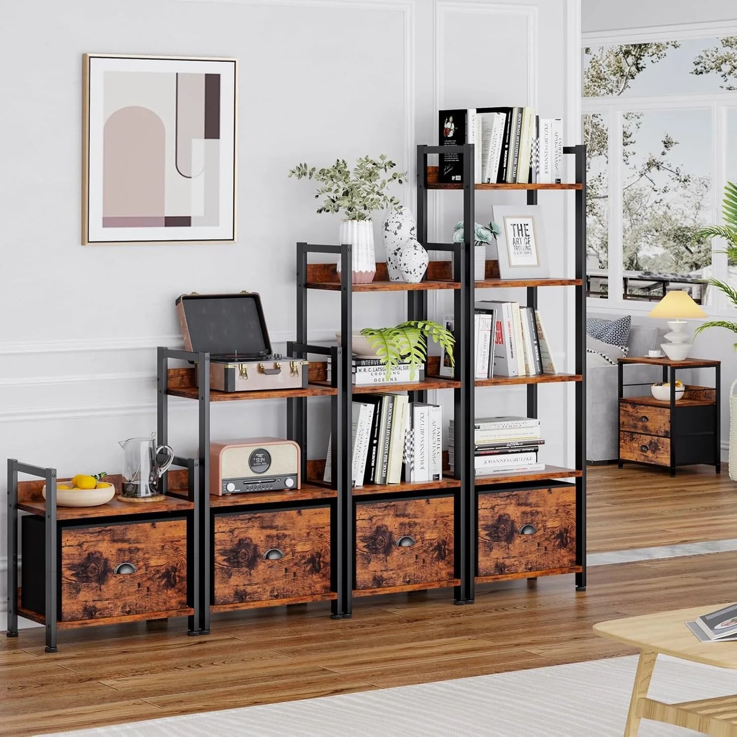 A88 drawer bookcase, tall narrow bookcase with shelves, wooden and metal bookcase, storage organizer