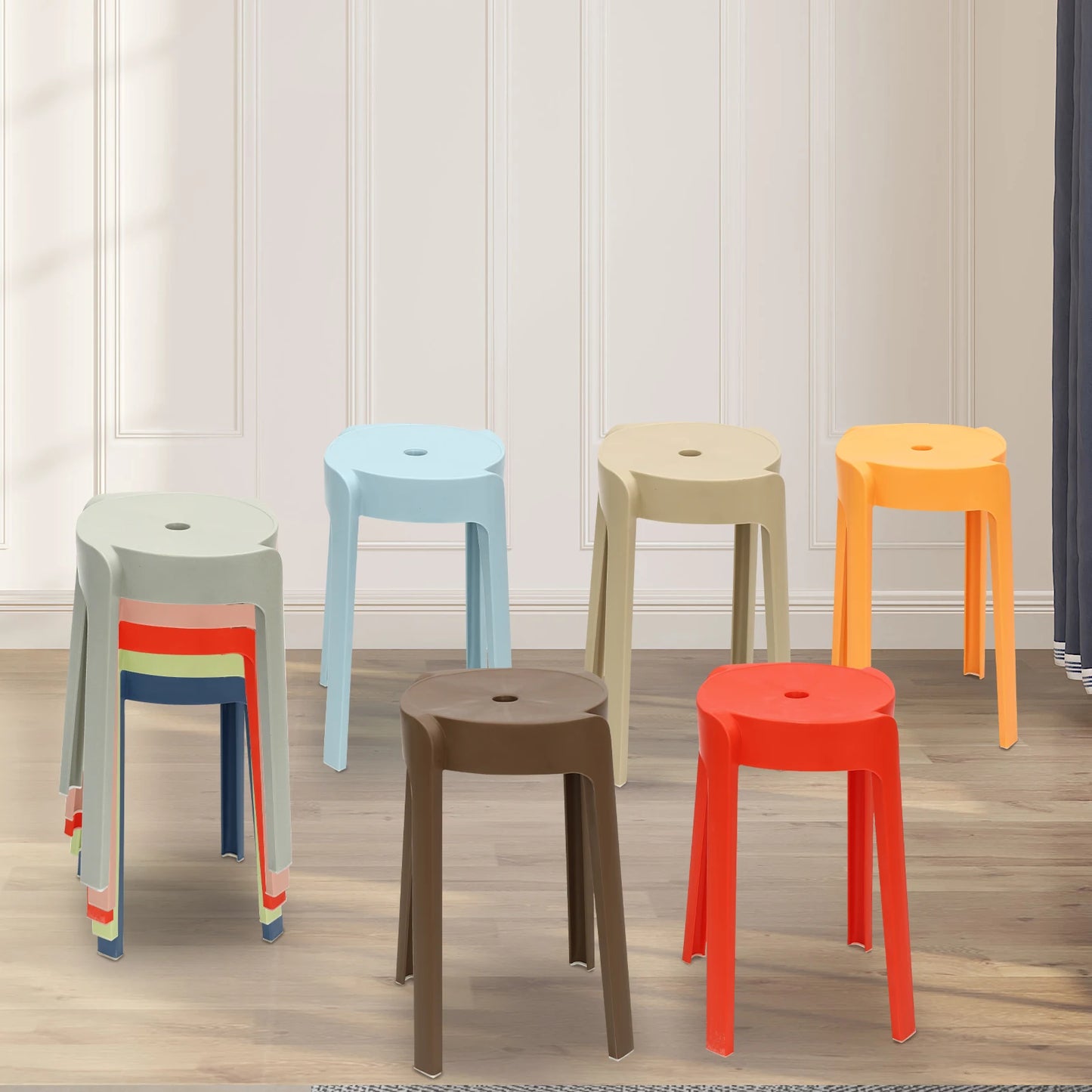 A42 18 inch plastic round stool, stackable, colorful home bench
