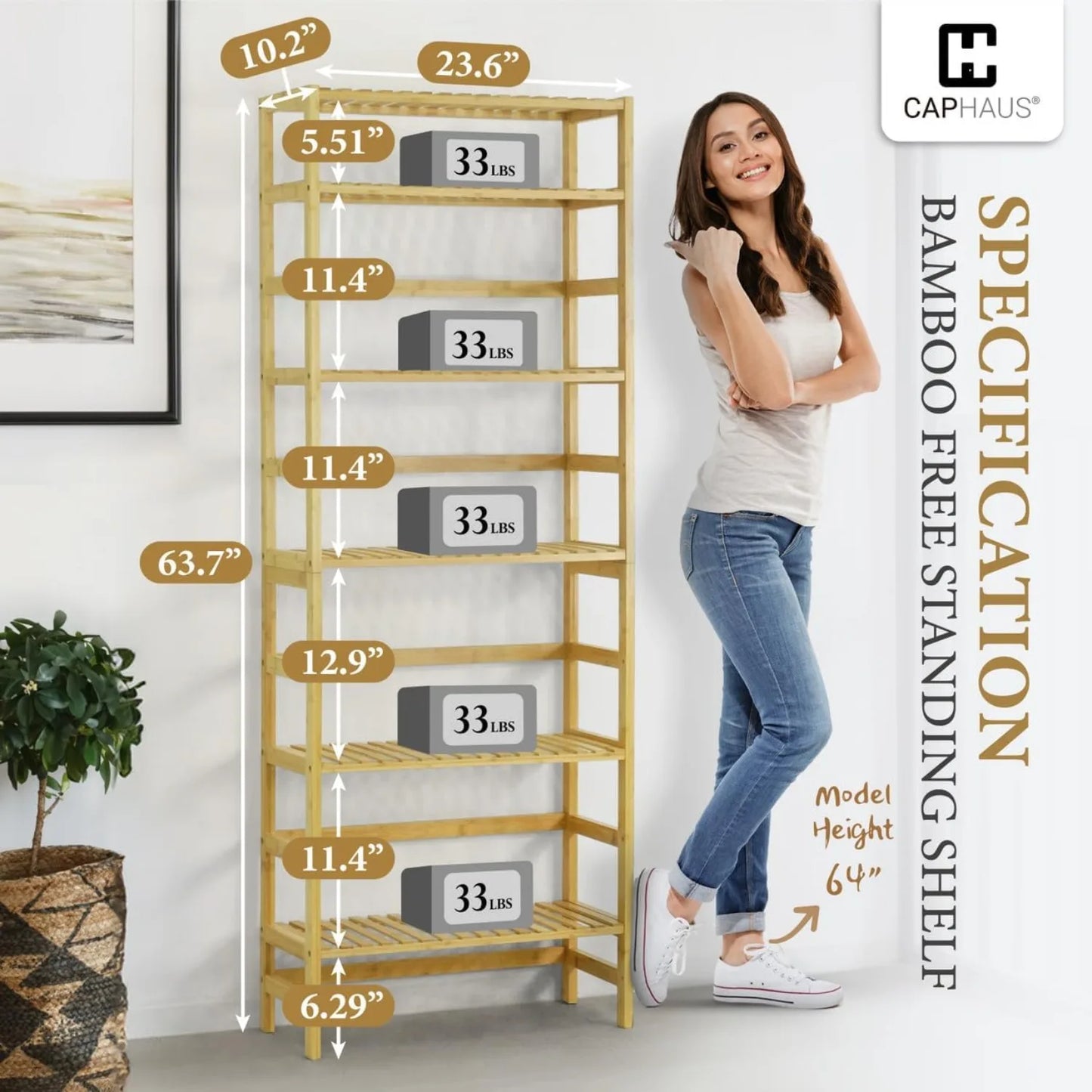 A80 bamboo open storage bookcase with adjustable shelves and freestanding plant display rack