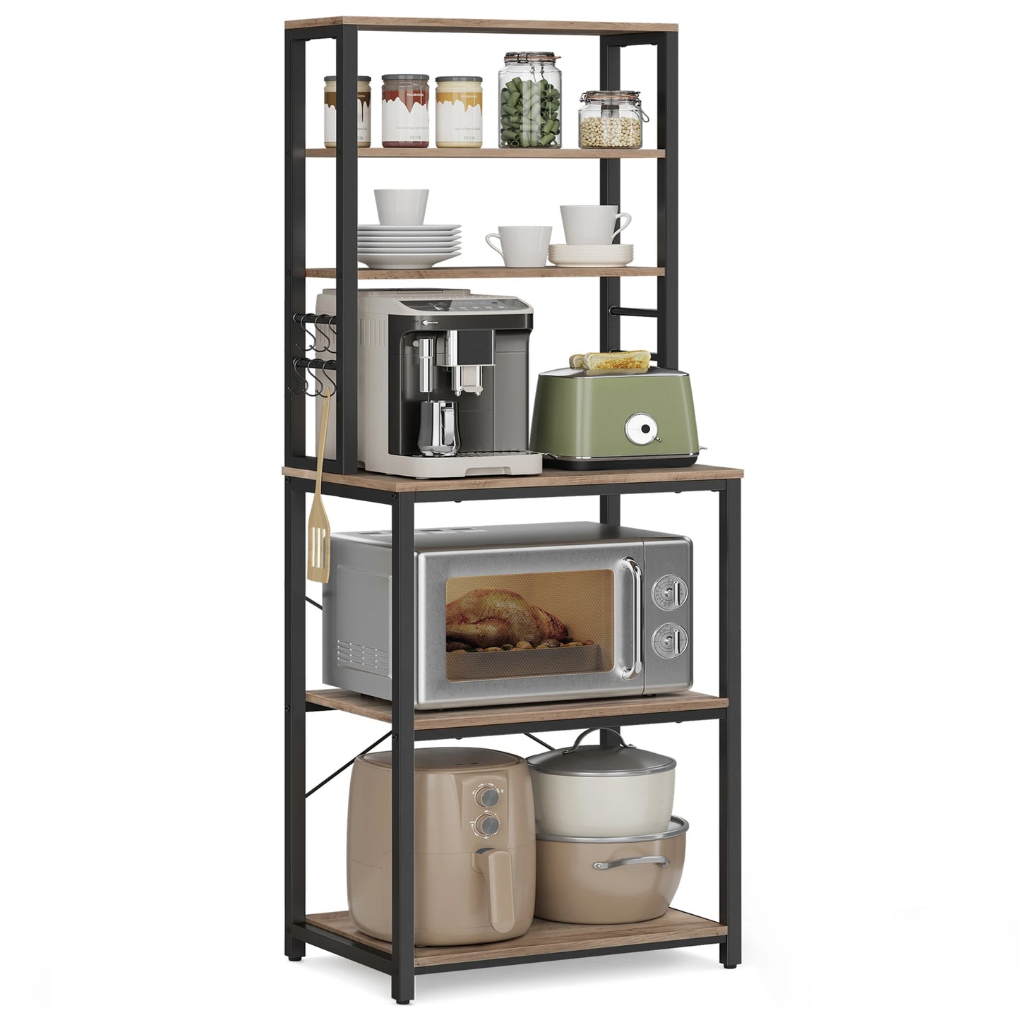A82 Coffee Bar, 6-Layer Kitchen Shelf with 6 Hooks, Kitchen Bread Rack, Microwave Rack