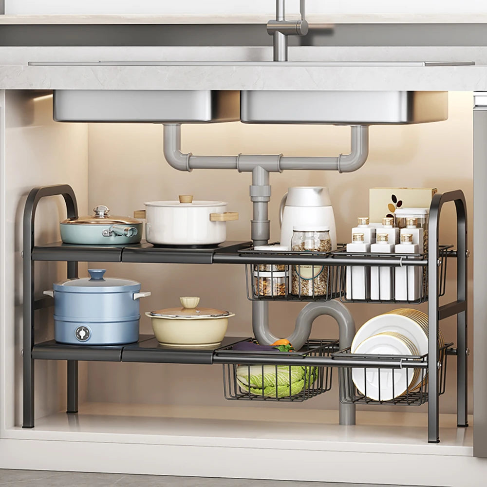 K30 Multi-purpose Kitchen Bathroom Under Sink Storage Rack with Removable Basket
