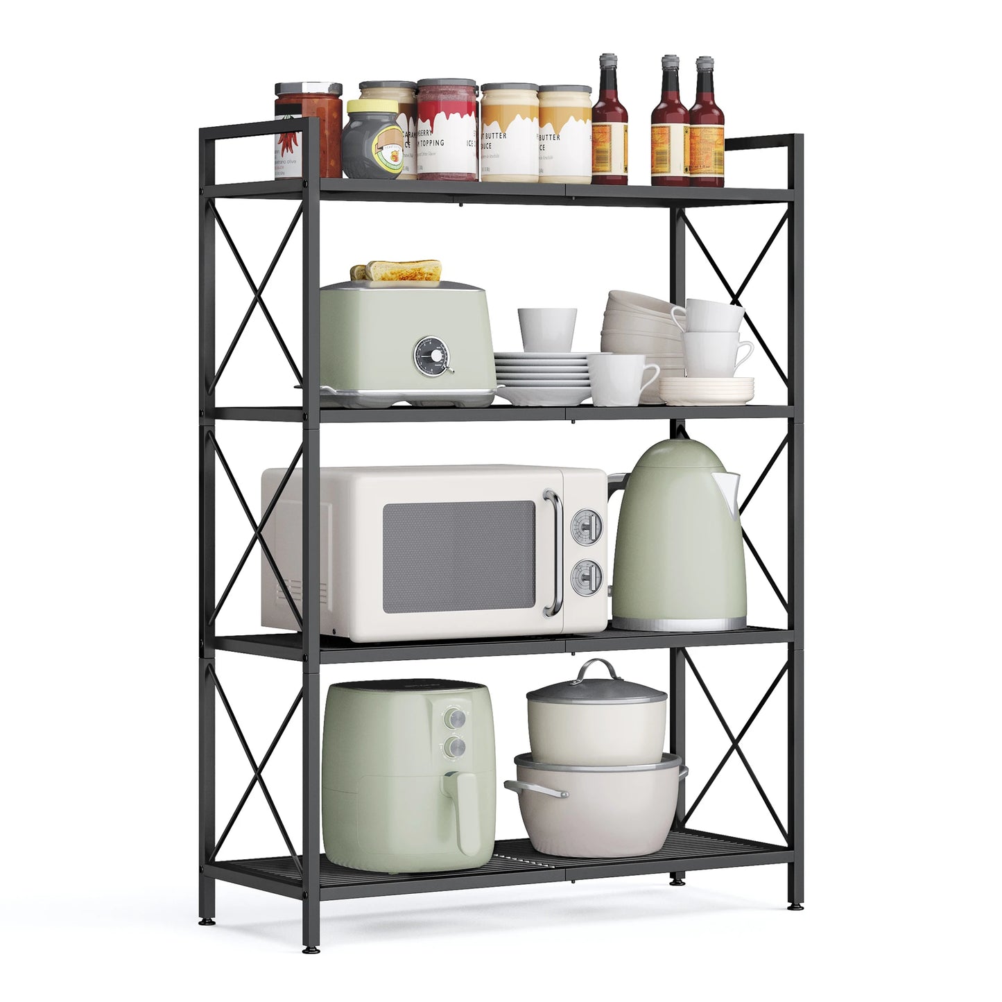 A120 Four-tier metal storage rack, shelving unit with X-shaped side frames, dense grid