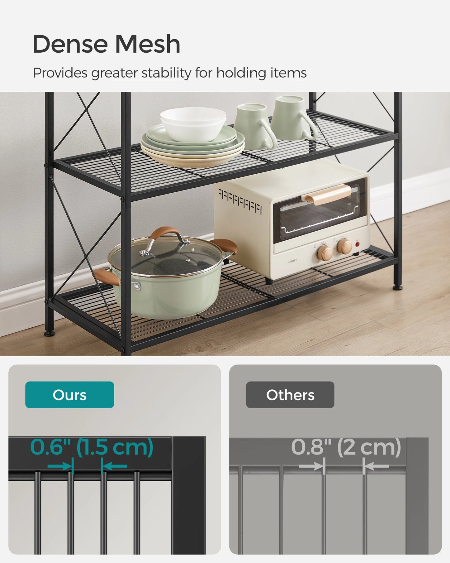 A120 Four-tier metal storage rack, shelving unit with X-shaped side frames, dense grid