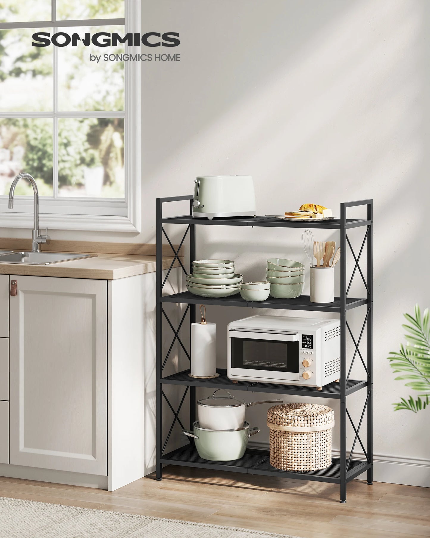 A120 Four-tier metal storage rack, shelving unit with X-shaped side frames, dense grid