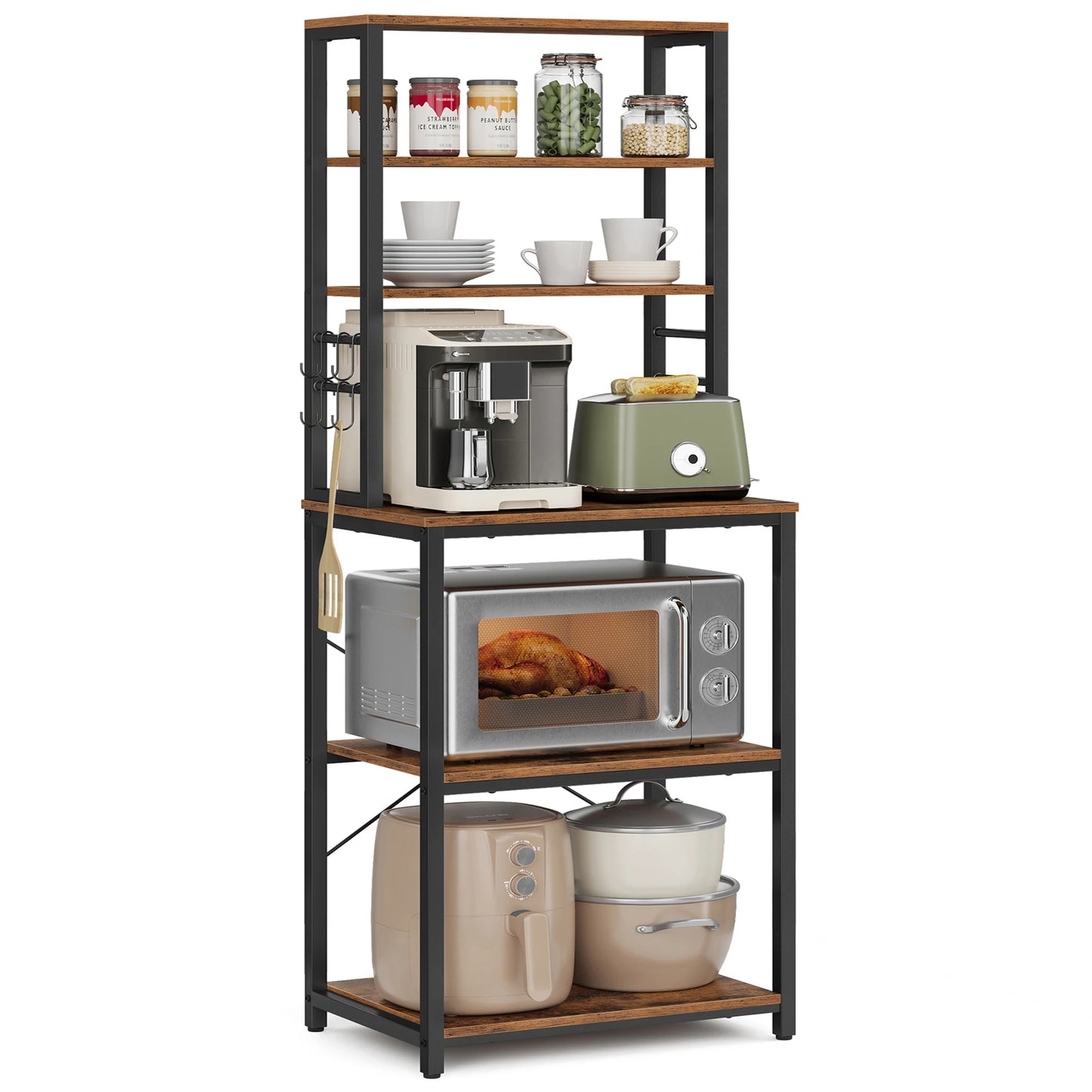 A82 Coffee Bar, 6-Layer Kitchen Shelf with 6 Hooks, Kitchen Bread Rack, Microwave Rack