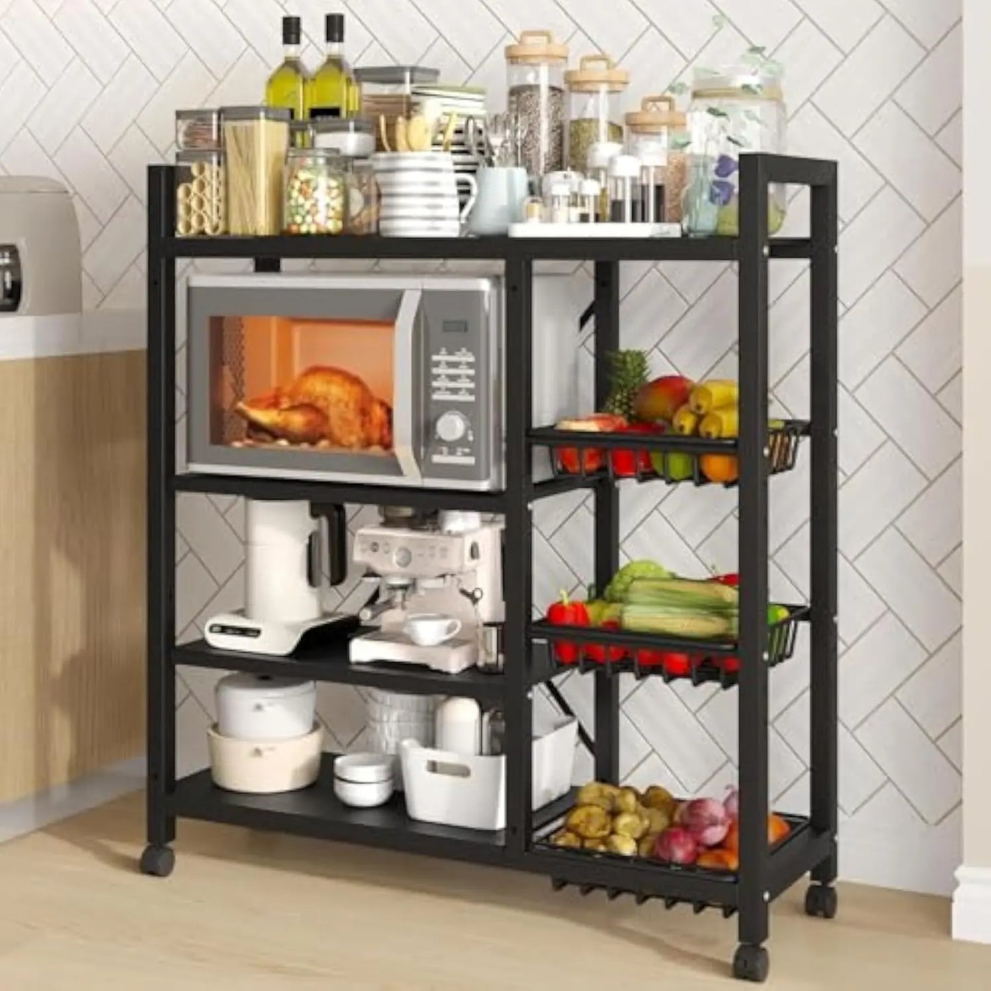 A90 Adjustable 4-Tier Kitchen Shelf with 3 Metal Baskets, Kitchen Organizer and Storage Rack,