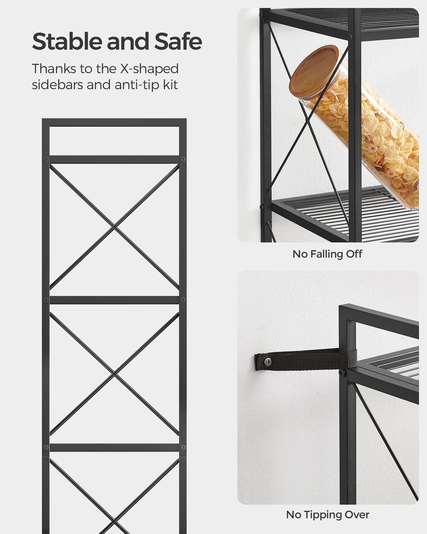 A120 Four-tier metal storage rack, shelving unit with X-shaped side frames, dense grid