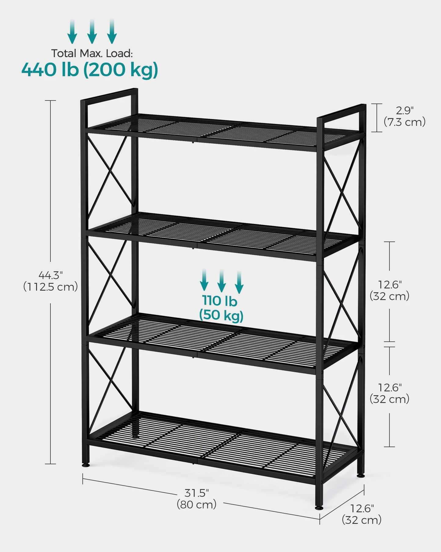 A120 Four-tier metal storage rack, shelving unit with X-shaped side frames, dense grid