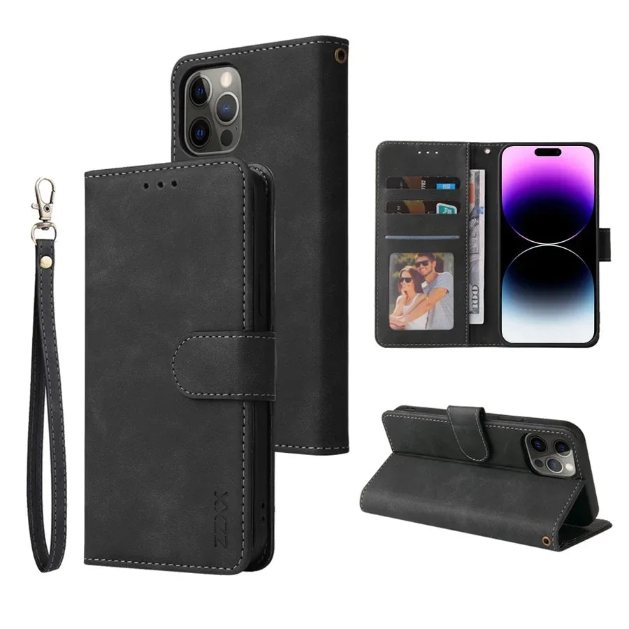 B15 For iPhone 16 Pro Max 15 14 13 Mini 12 11 XS XR X SE2 SE3 8 7 6s Plus Flip Card Slot Holder Cover